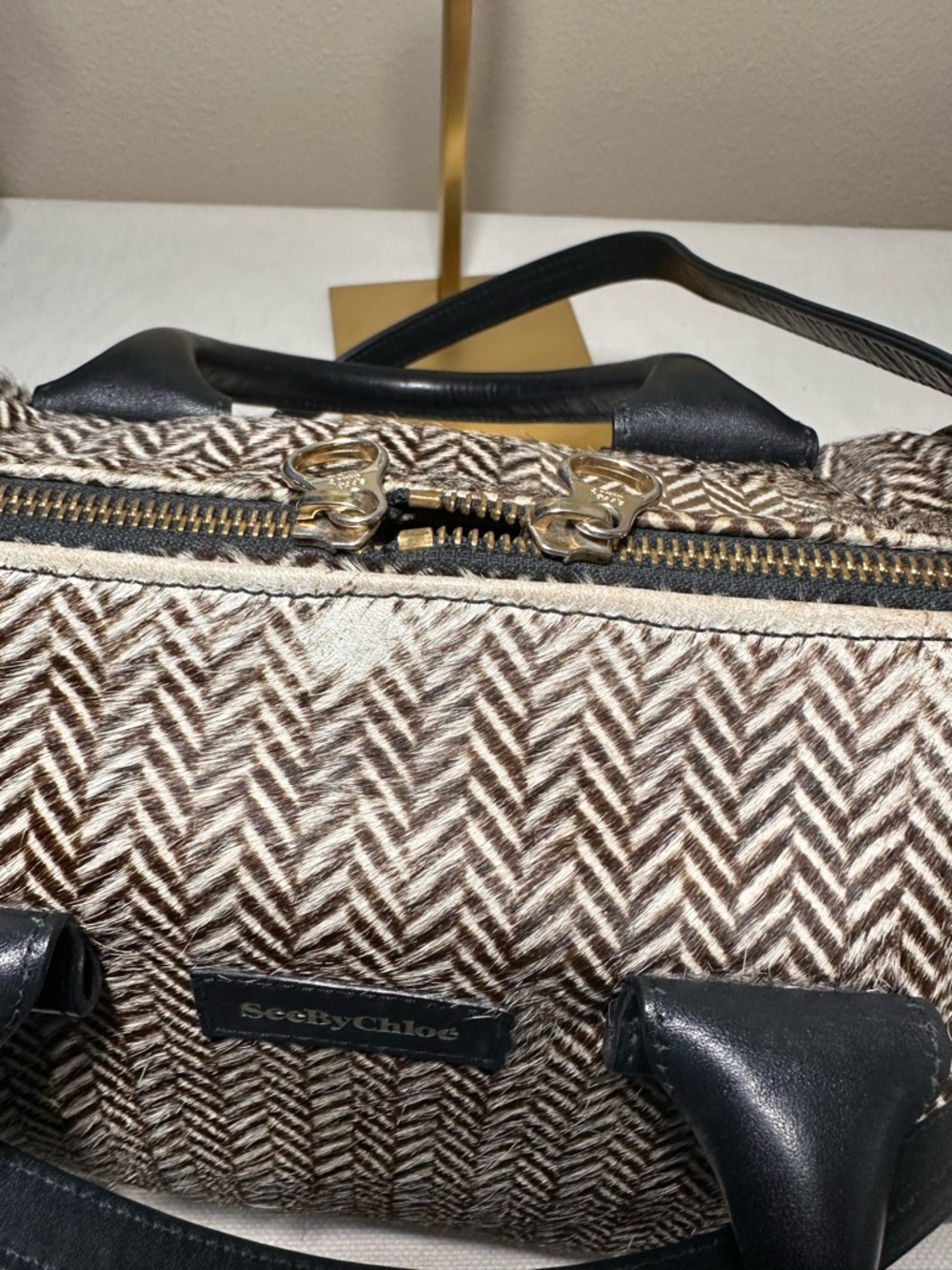 See By Chloé “April” Brown & Black Herringbone Calf Hair Satchel and Dusty - Picture 11 of 15
